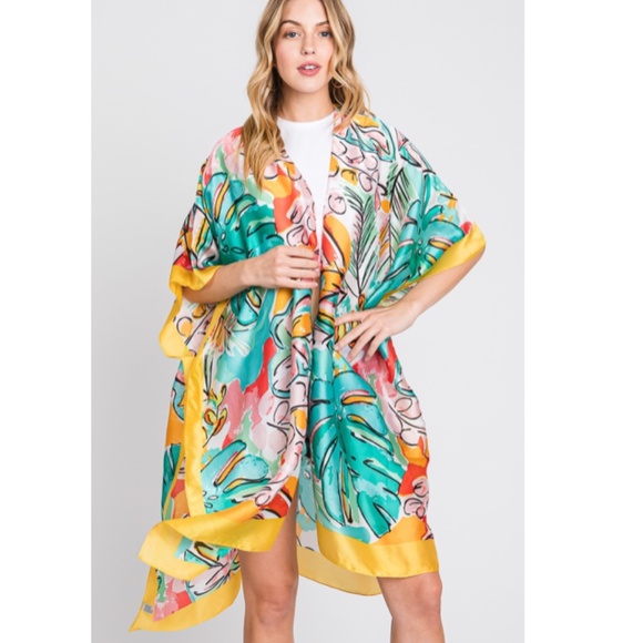 "The Eden" Hand Drawn Watercolor Tropical Leaves Kimono - Picture 4 of 4